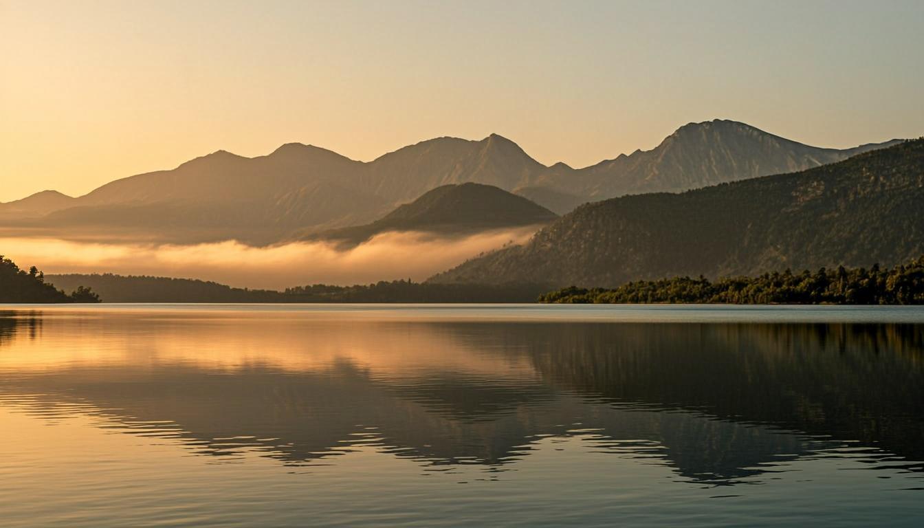 Serene mountain lake at golden hour